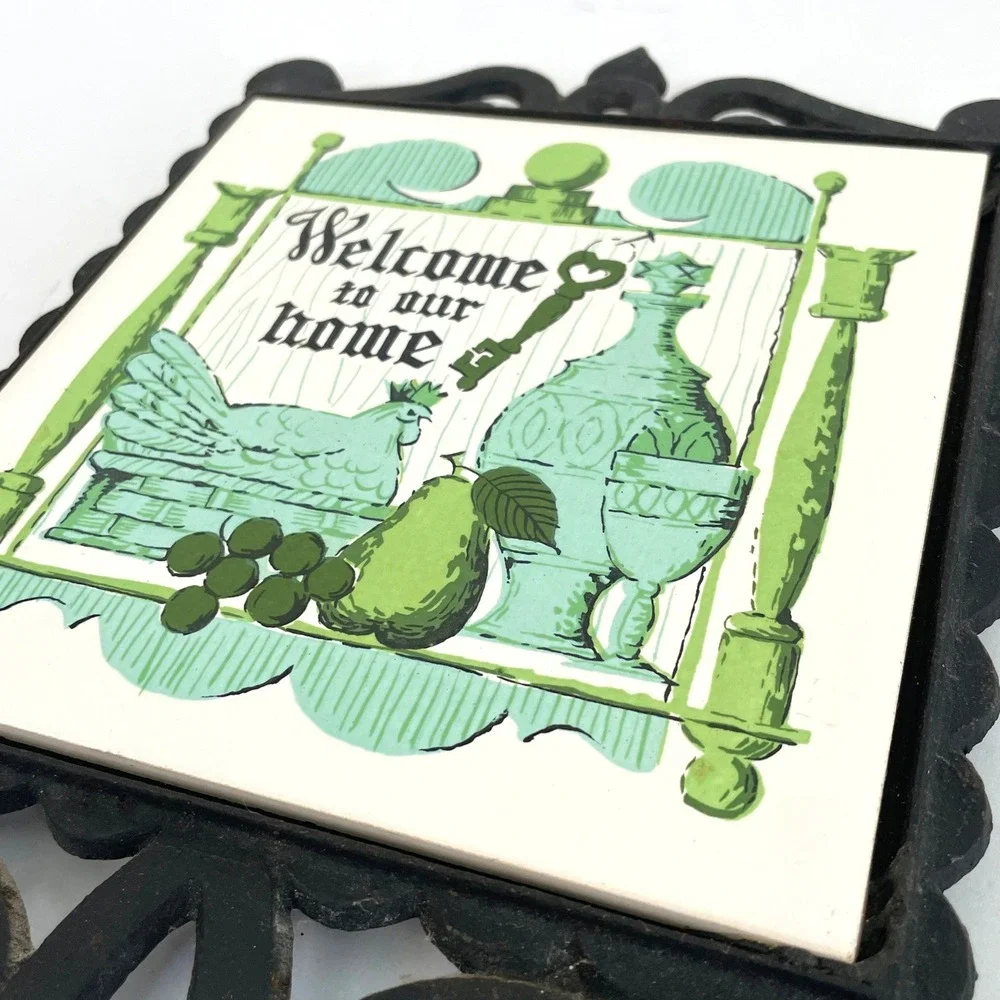 Vintage Labeco Japan Cast Iron Ceramic Trivet Welcome To Our Home Green White